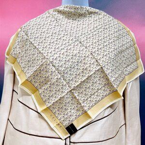 New Trendy  Celine Paris Mini Scarf 20"Cotton/Silk Beige Gold   logo print (58